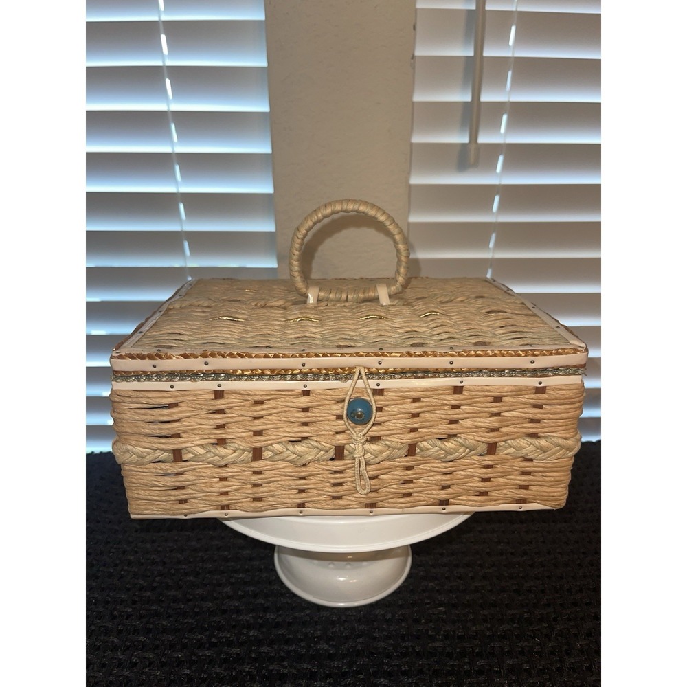 Vintage Wicker Woven Sewing Box Basket Green Satin Ratan 10" Green Tufted Lining - Picture 4 of 14